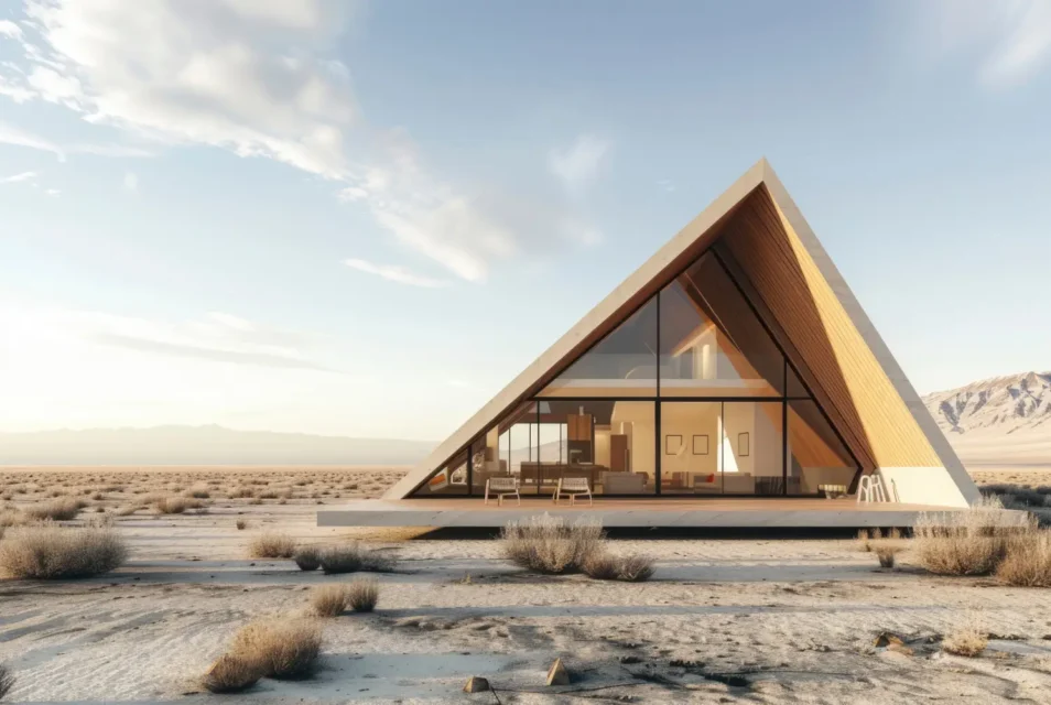 Modern A-frame house with a large glass front in a desert, mountains in the distance, warm sunset lighting visible inside.