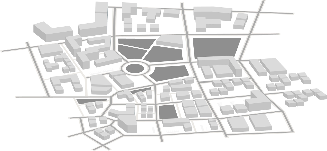 Isometric grayscale city map with a central circular roundabout and grid of streets, showing blocky buildings.