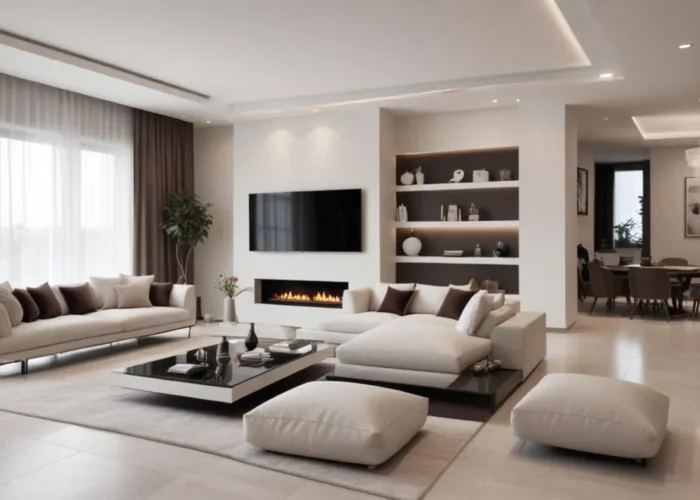 Modern living room with a linear fireplace, wall-mounted TV, and white sectional sofa.
