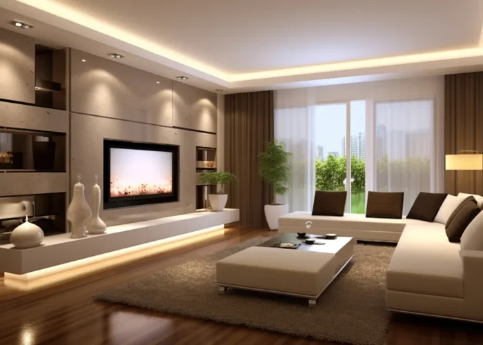 Contemporary living room with a wall-mounted TV, built-in shelves, and a white sectional sofa facing a low glass coffee table.