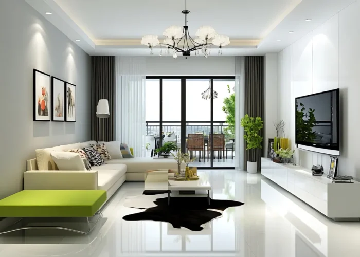 Modern living room with a white sectional, lime bench, glass coffee table, and a wall-mounted TV, opening to a balcony through sliding doors.