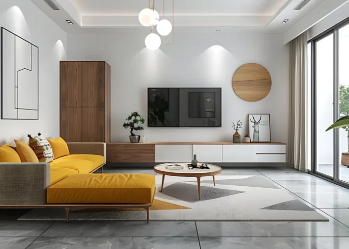 Modern living room with a bright yellow sectional sofa, round coffee table, and minimalist wall TV setup. A tall wooden cabinet and decorative pieces sit along the wall; large windows on the right bring in natural light.