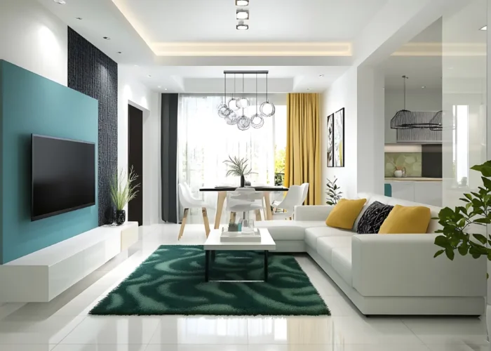 Modern open-plan living room with a white sectional sofa, mustard cushions, teal accent wall, and a wall-mounted TV on a teal panel.