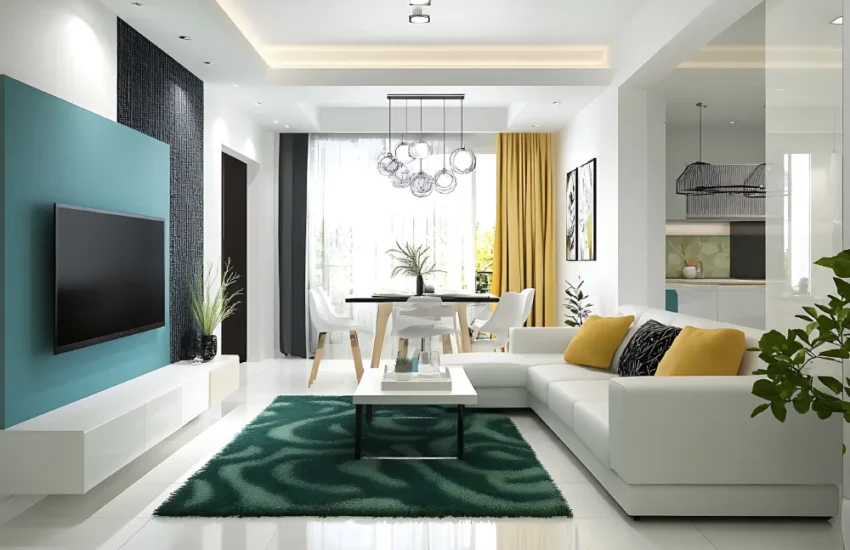 Modern open-plan living room with a white sectional sofa, mustard cushions, teal accent wall, and a wall-mounted TV on a teal panel.