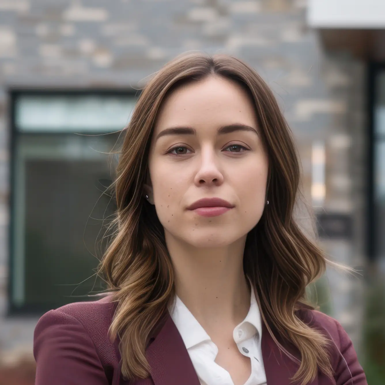 Head-and-shoulders portrait of a woman with long brown hair, wearing a burgundy blazer and white shirt, standing outdoors with a neutral expression.