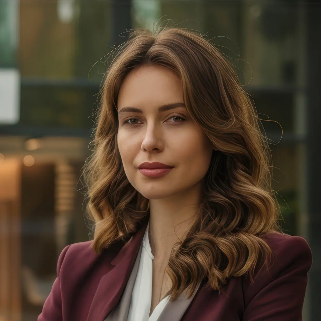 Portrait of a woman with wavy light brown hair in a burgundy blazer, looking at the camera. Professional headshot in an outdoor setting.