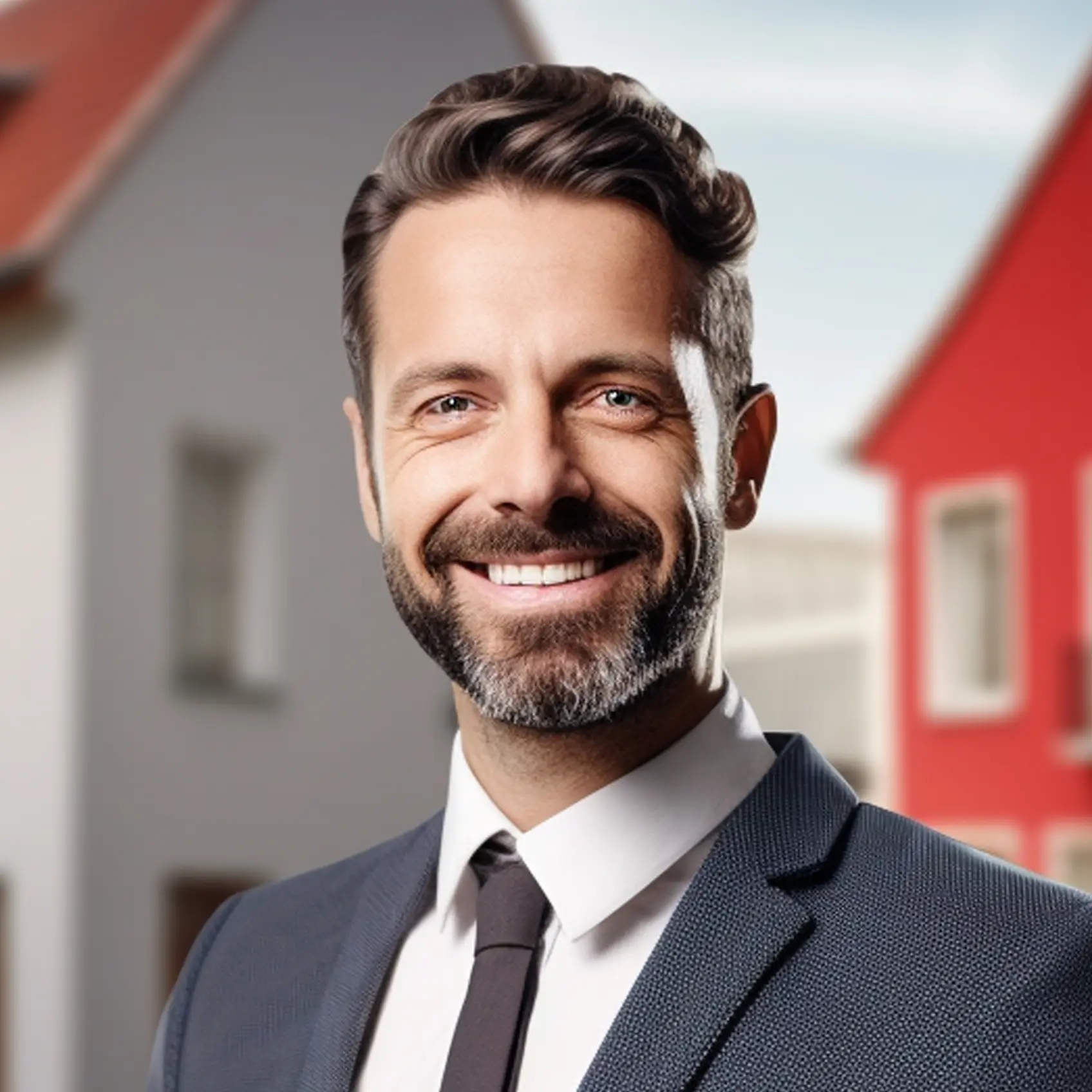 Smiling man with short gray-streaked hair and a beard, wearing a dark suit and tie, photographed outdoors with a red building in the background.