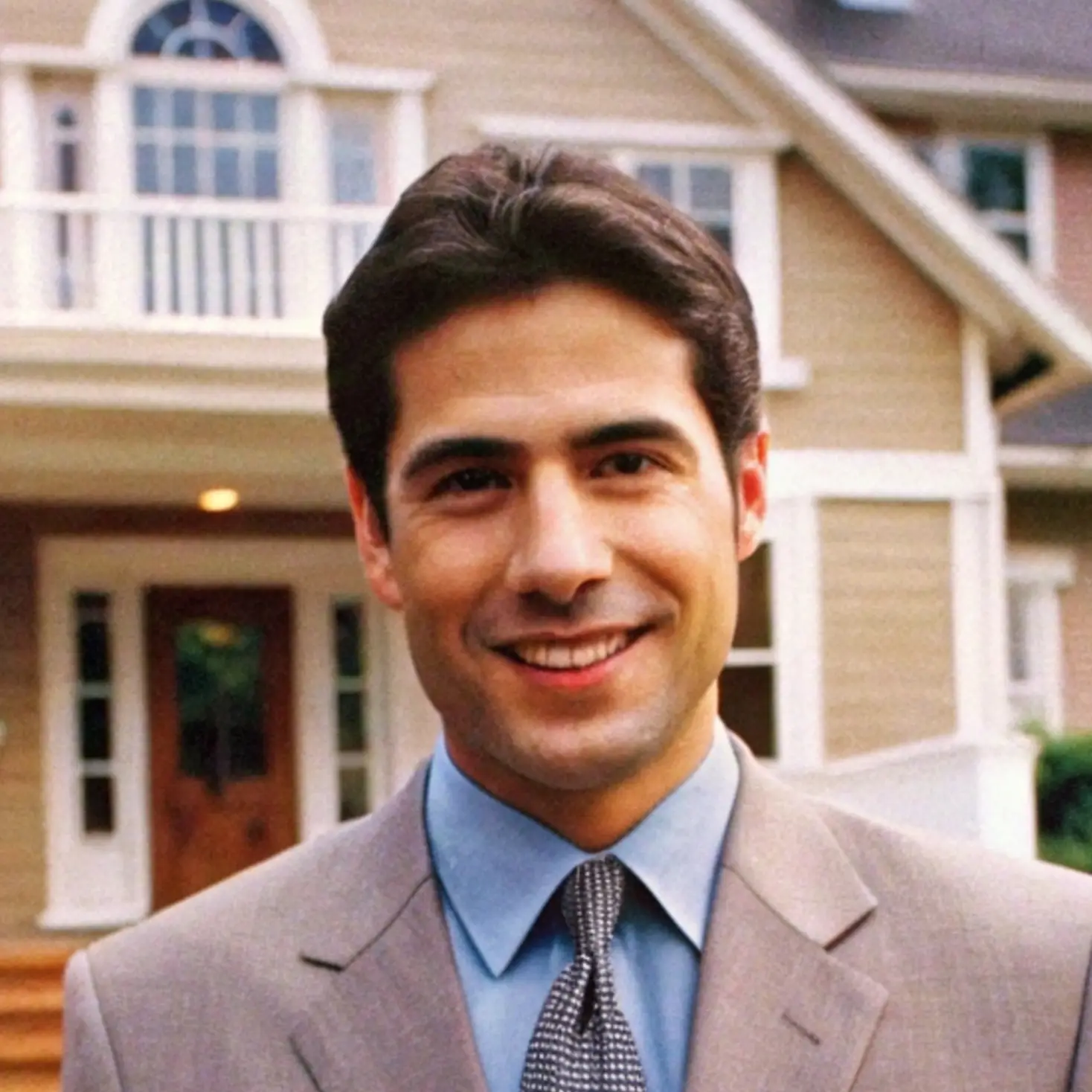 Smiling man in a light gray suit and blue shirt, standing in front of a house with a porch railing behind him.