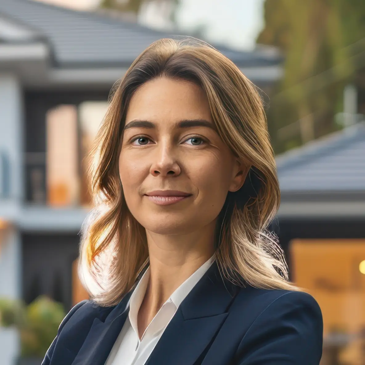 Professional woman in a navy blazer standing outdoors, looking at the camera with a slight smile.