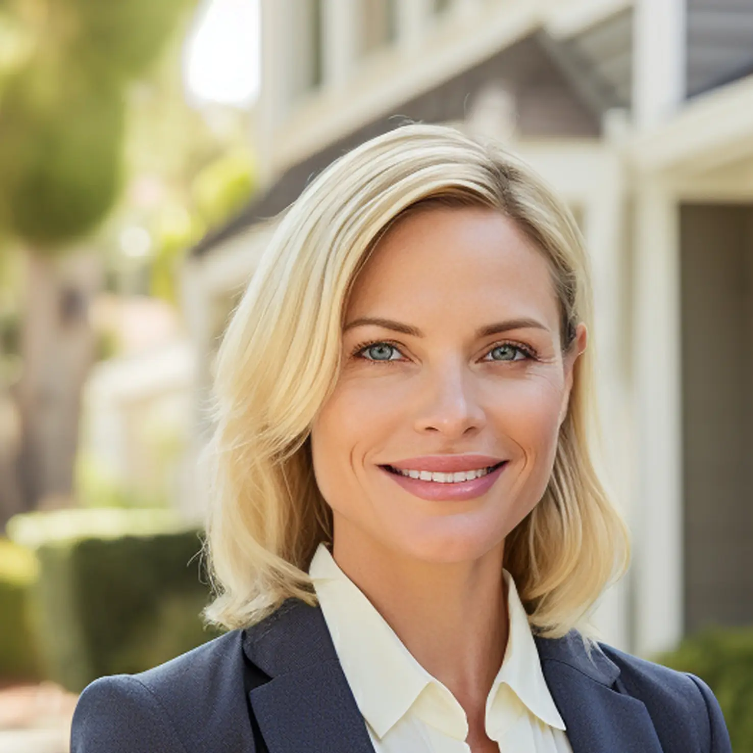 Portrait of a smiling blonde woman in a navy blazer and white blouse outdoors, sunlit and professional-looking.