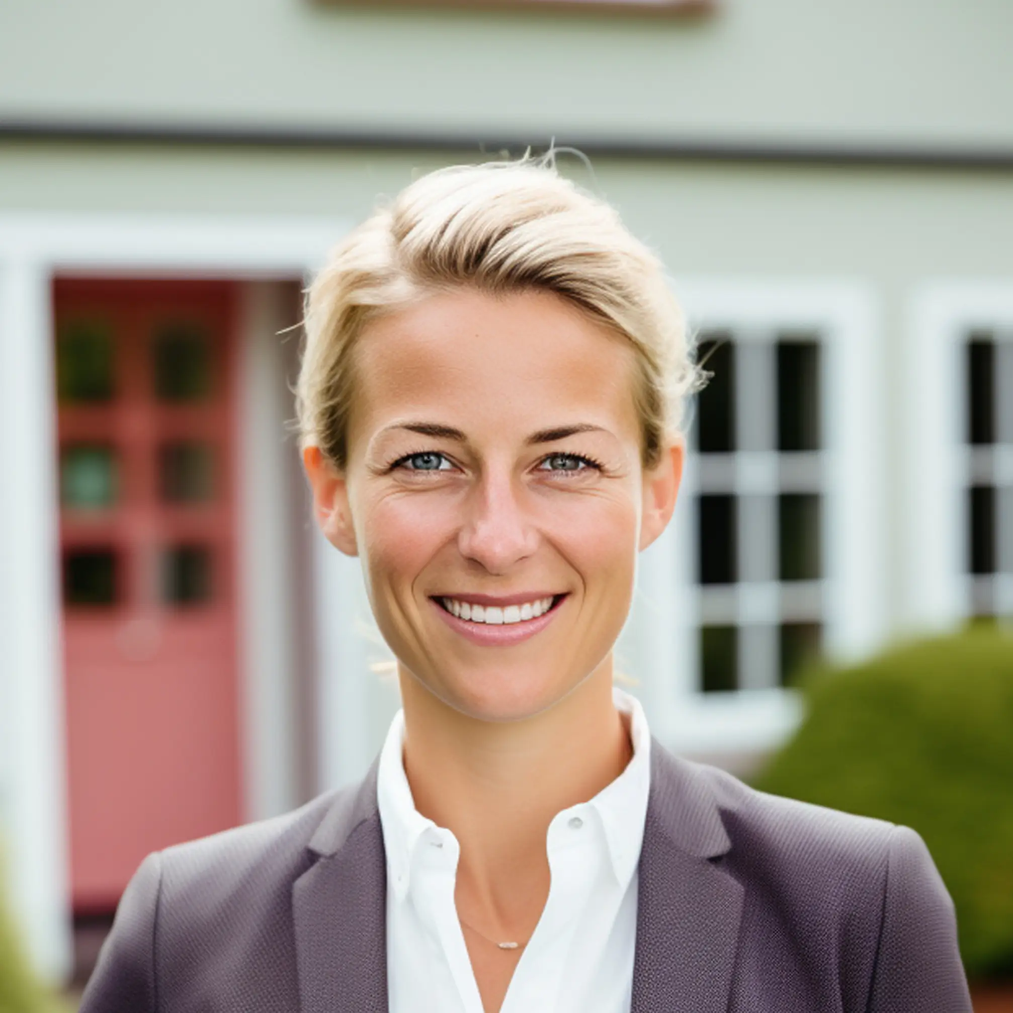 Smiling woman in a gray blazer and white blouse outdoors, with a blurred background of a building. Take note of her friendly expression and professional attire.