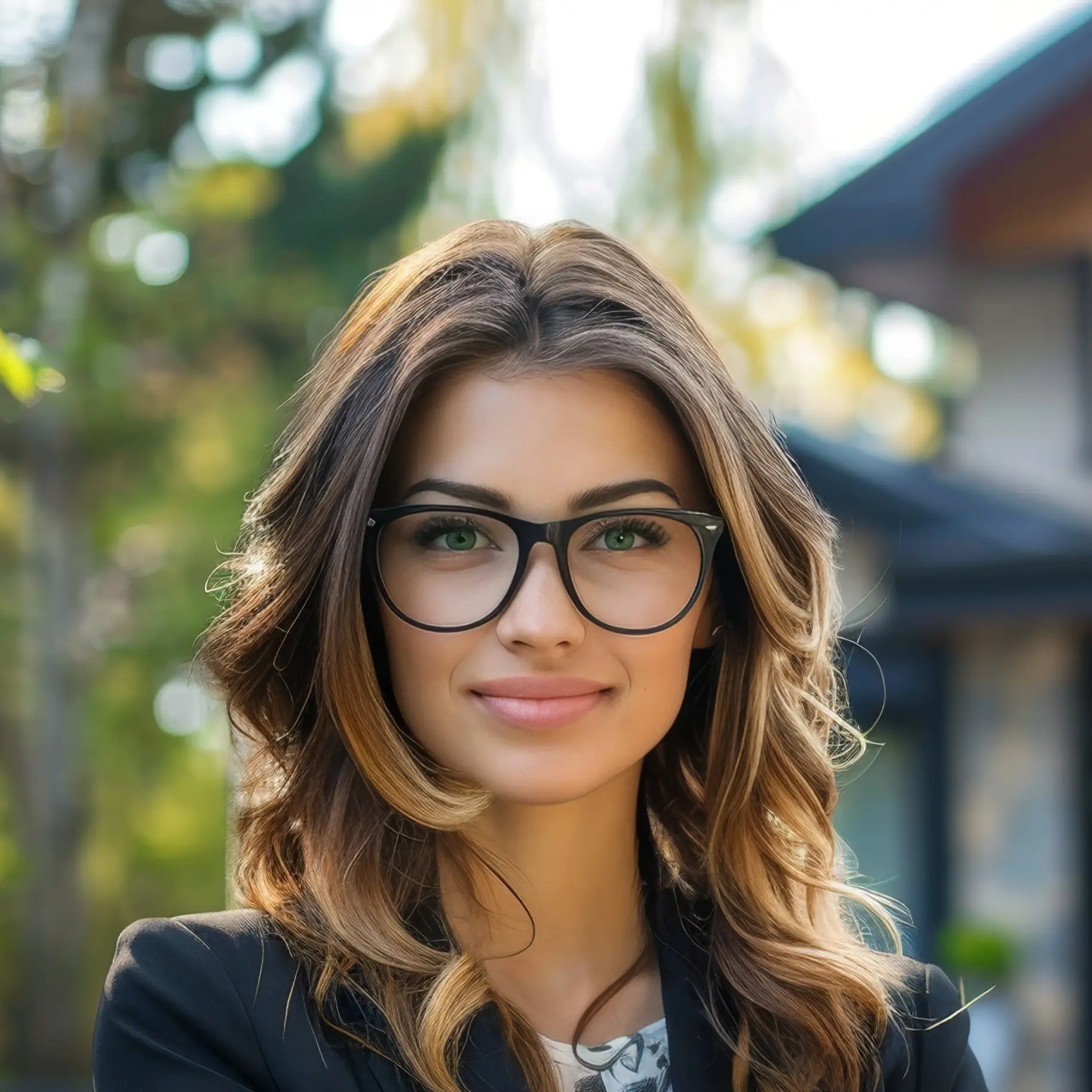 Close-up portrait of a woman with green eyes and black-frame glasses, smiling outdoors.