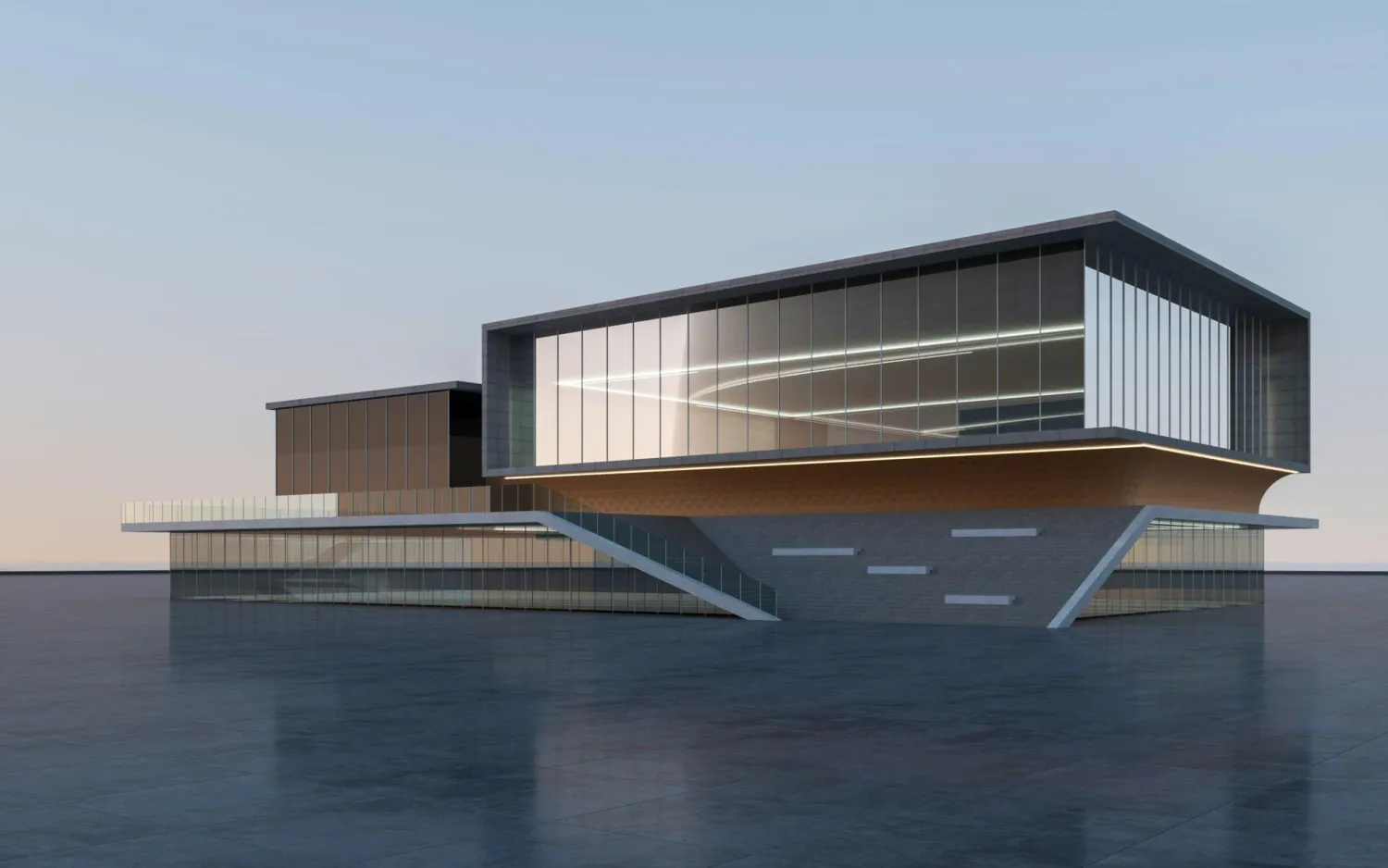 Futuristic glass-and-concrete building perched above a calm body of water, featuring a cantilevered upper level and wide glass walls.",
