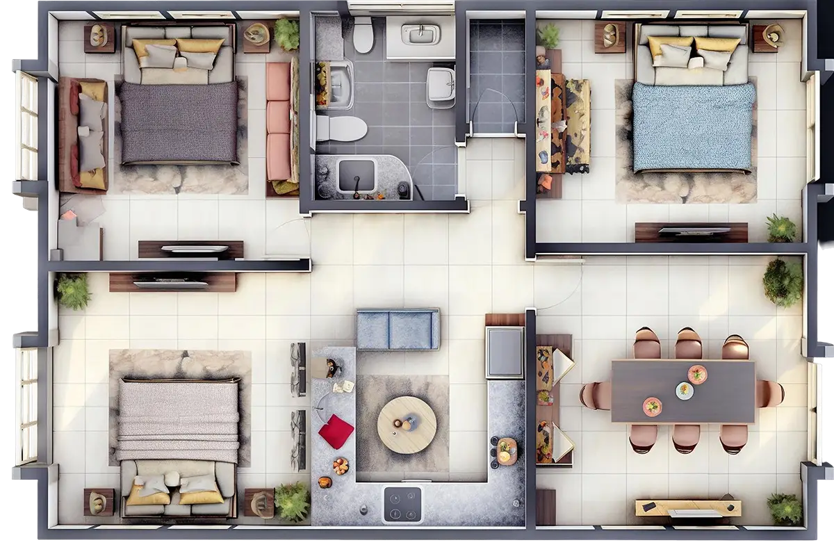 Top-down floor plan of a two-bedroom-plus-one-bedroom apartment: central hallway with a shared bathroom, left-side bedrooms, a living room with sofa and round coffee table, a U-shaped kitchen, and a dining area with six chairs to the right.