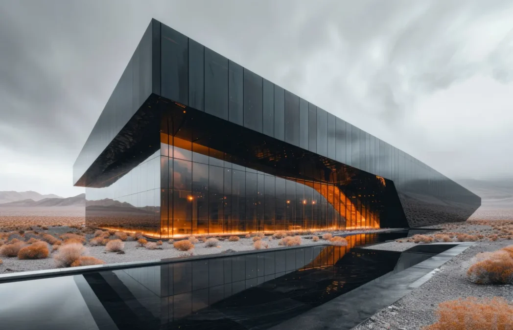 Futuristic glass building in a desert, with warm orange interior glow and a reflective foreground pool.