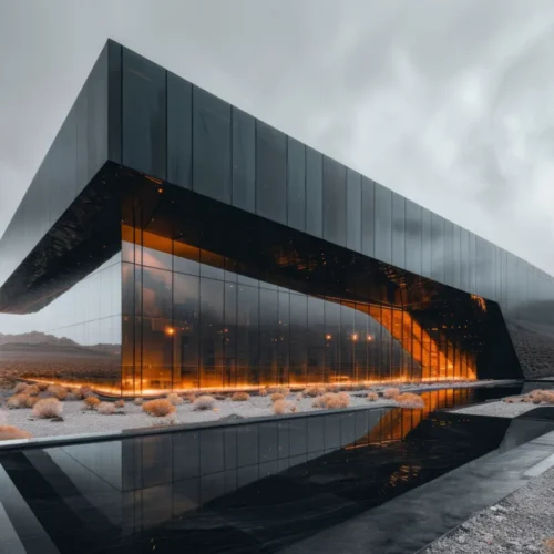 Futuristic glass building in a desert, with warm orange interior glow and a reflective foreground pool.