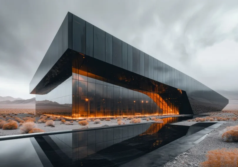 Futuristic glass building in a desert, with warm orange interior glow and a reflective foreground pool.