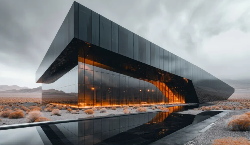 Futuristic glass building in a desert, with warm orange interior glow and a reflective foreground pool.