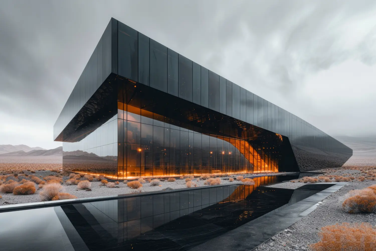 Futuristic glass building in a desert, with warm orange interior glow and a reflective foreground pool.