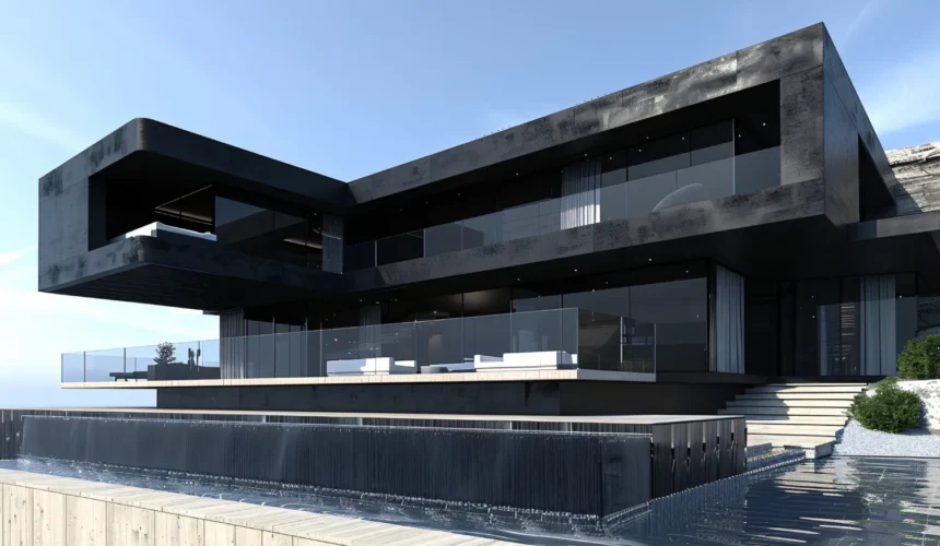 Modern black concrete house with large glass walls and cantilevered upper level, overlooking a terrace and water feature by the shoreline