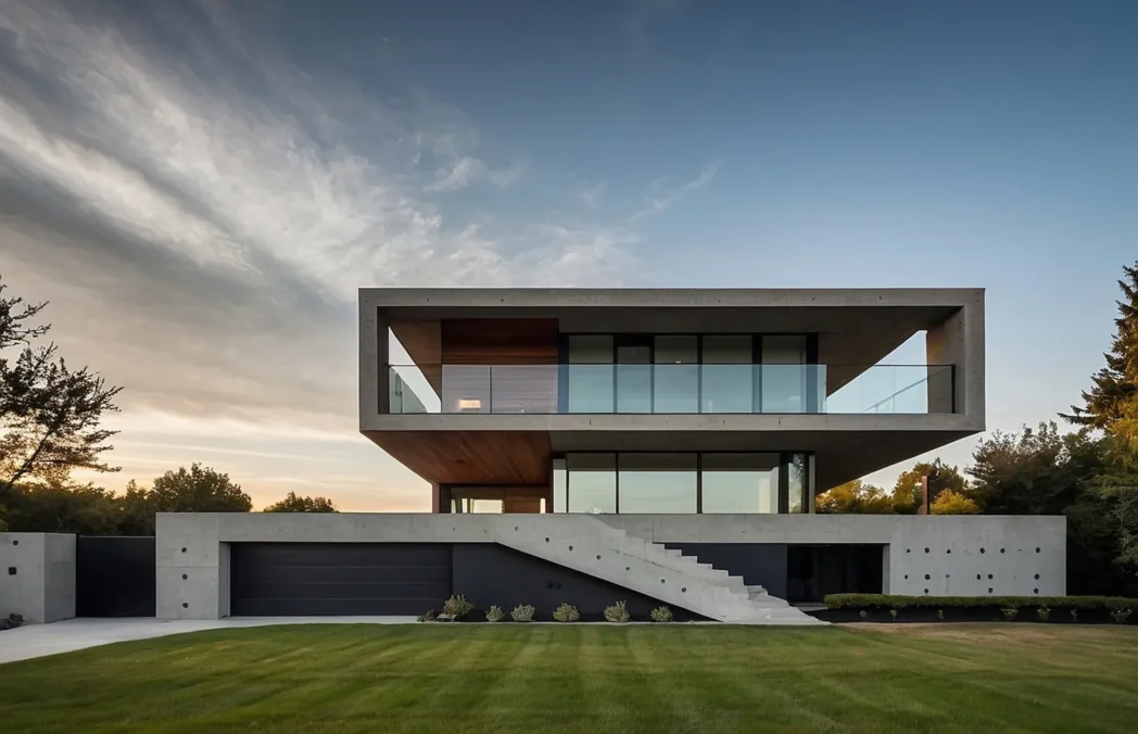 Contemporary two-story concrete house with large glass windows, wood accents, and a cantilevered upper level over a driveway.