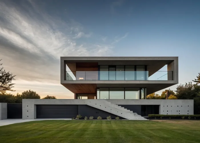 Contemporary two-story concrete house with large glass windows, wood accents, and a cantilevered upper level over a driveway.
