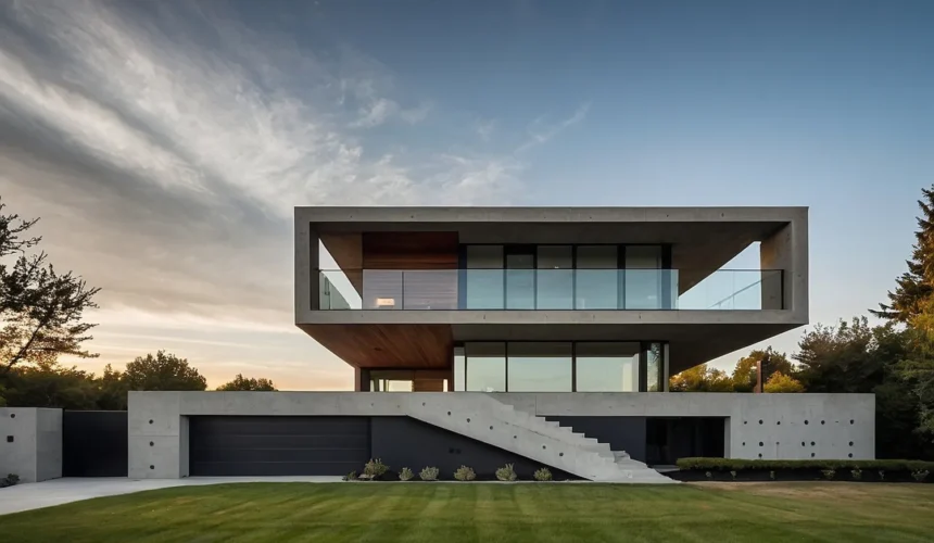 Contemporary two-story concrete house with large glass windows, wood accents, and a cantilevered upper level over a driveway.
