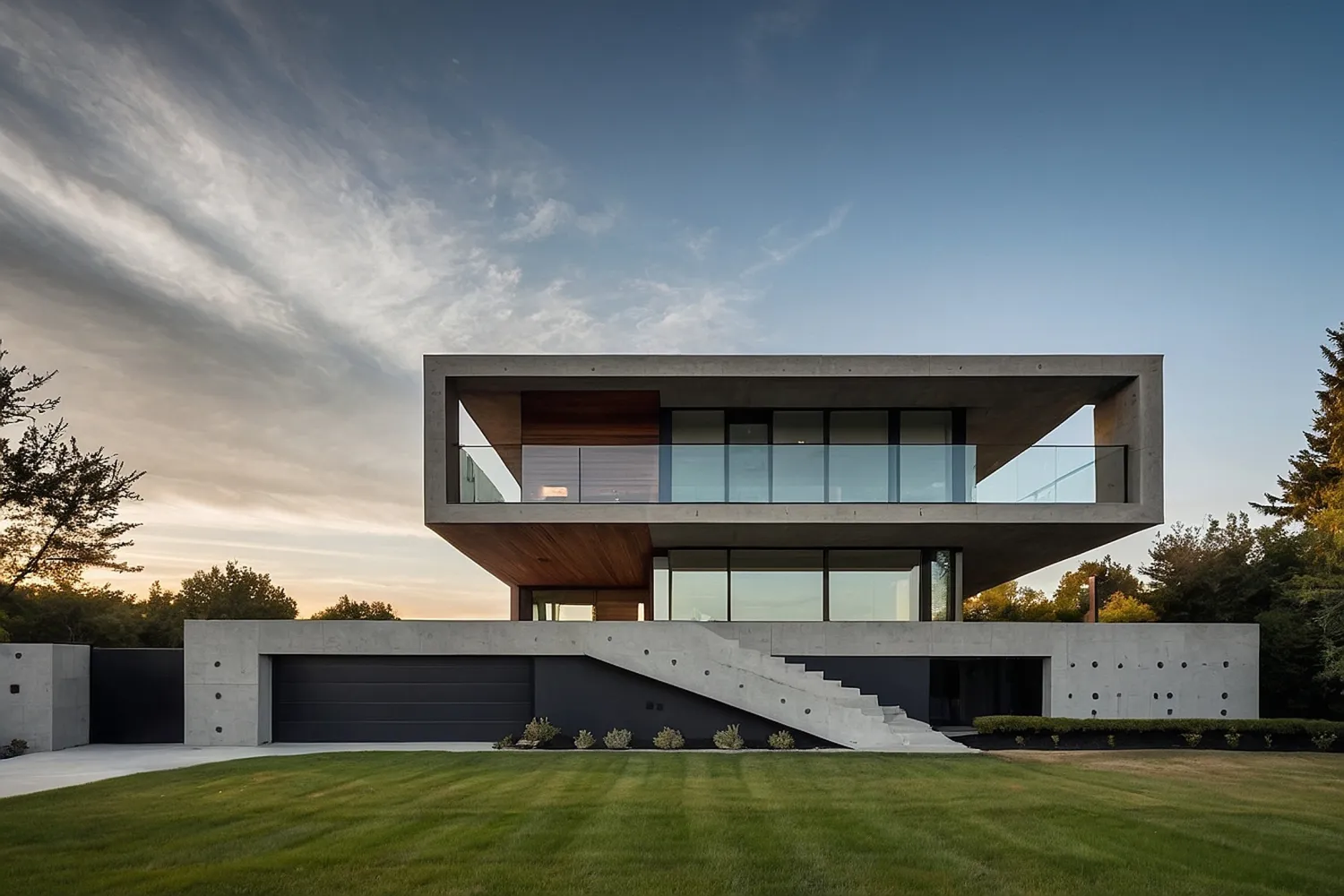 Contemporary two-story concrete house with large glass windows, wood accents, and a cantilevered upper level over a driveway.