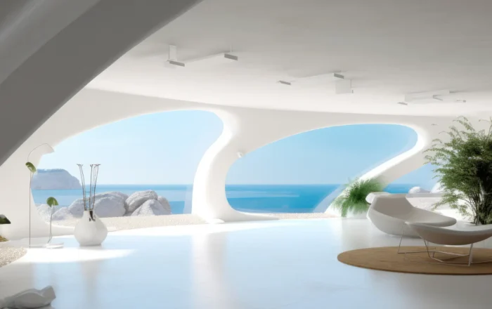 Bright white futuristic living room with curved archways and an ocean view, minimalist plants and seating under soft daylight.