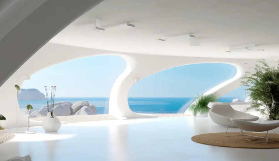 Bright white futuristic living room with curved archways and an ocean view, minimalist plants and seating under soft daylight.
