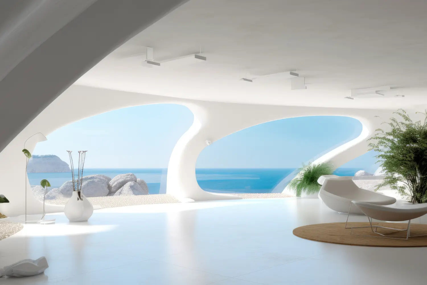 Bright white futuristic living room with curved archways and an ocean view, minimalist plants and seating under soft daylight.