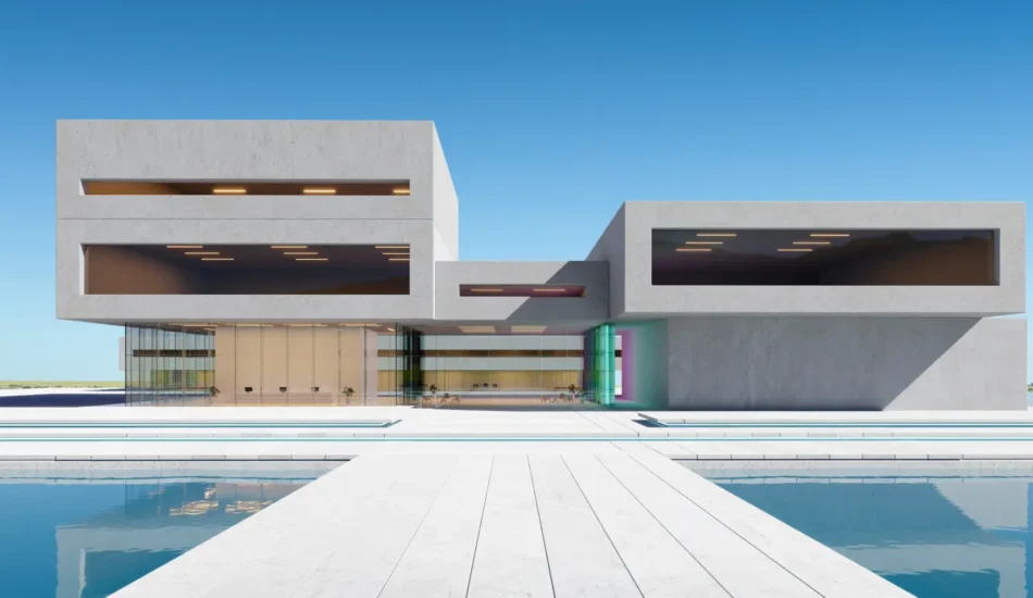 Modern concrete building with large rectangular windows, connected by a white walkway over a reflecting pool.