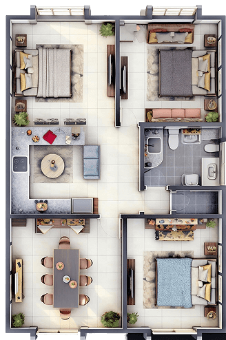 Top-down floor plan of a three-bedroom apartment with a central living area, kitchen, and dining room; includes two bathrooms and a hallway separating bedrooms.