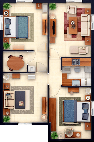 Top-down floor plan of a two-bedroom apartment: living room with sofa and coffee table, dining area, and kitchen on the right, two bedrooms on the left and bottom-right, plus two bathrooms and a central hallway.