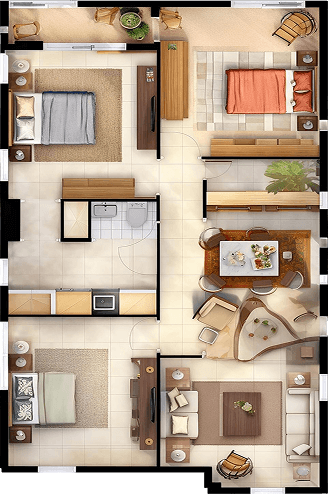 Top-down floor plan of a three-bedroom apartment with living room, dining area, kitchen, two bathrooms, and a balcony.