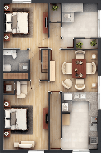 Top-down floor plan of a multi-bedroom apartment with three bedrooms, two bathrooms, a living/dining area, and a kitchen.