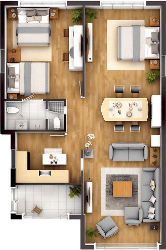 Top-down floor plan of a two-bedroom apartment showing a living room, dining area, open kitchen, bathroom, and balcony; includes furniture layout and room flow.