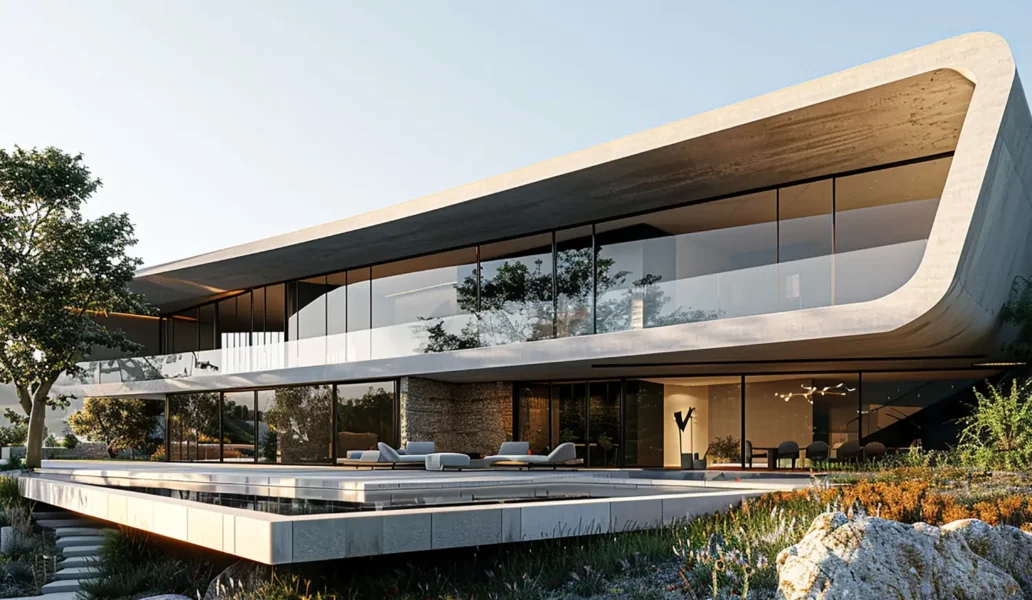 img-team-h4 Modern two-story house with curved concrete frame, glass walls, and a spacious outdoor terrace.