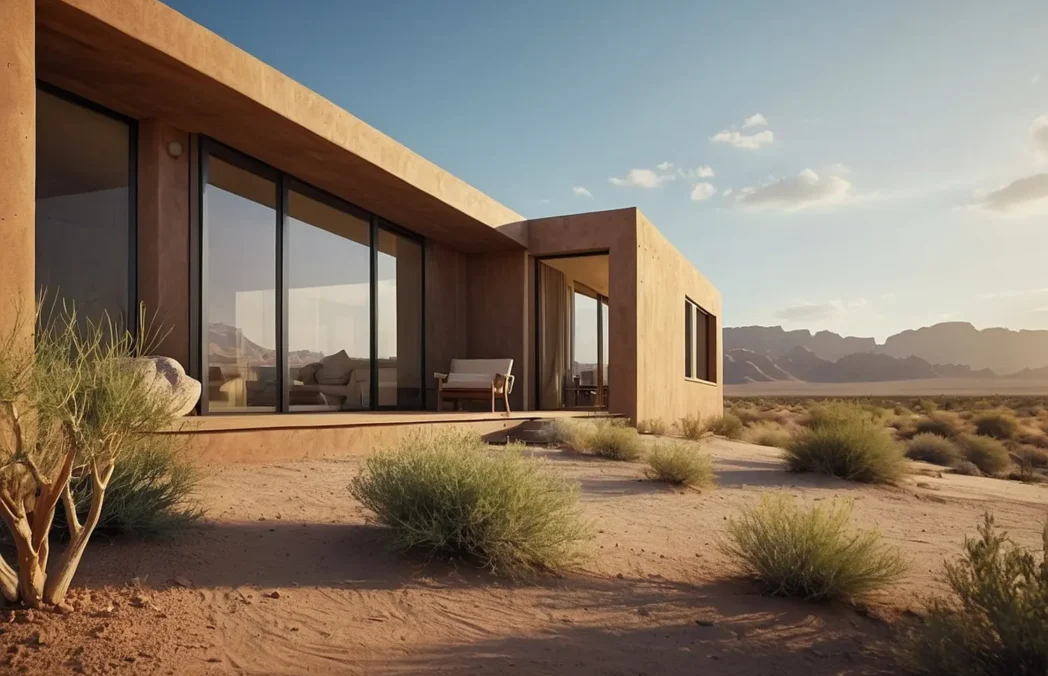 Modern desert house with floor-to-ceiling glass walls, open living space, and surrounding sandy landscape under a blue sky.