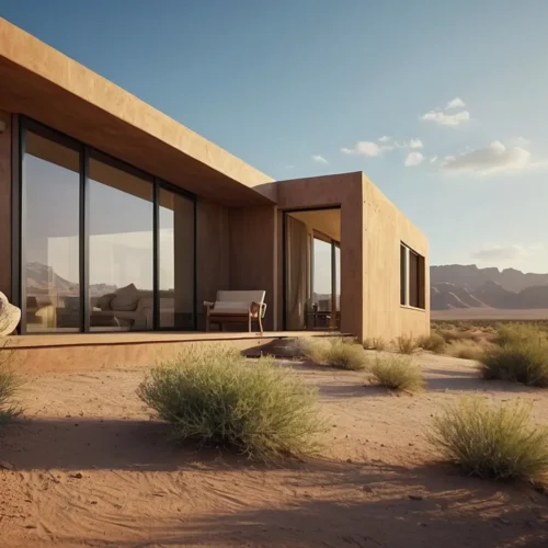 Modern desert house with floor-to-ceiling glass walls, open living space, and surrounding sandy landscape under a blue sky.