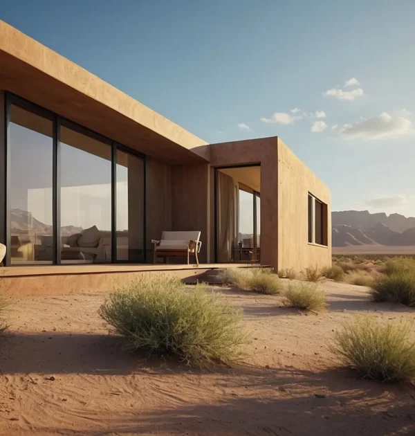 Modern desert house with floor-to-ceiling glass walls, open living space, and surrounding sandy landscape under a blue sky.