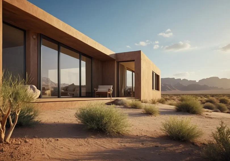 Modern desert house with floor-to-ceiling glass walls, open living space, and surrounding sandy landscape under a blue sky.