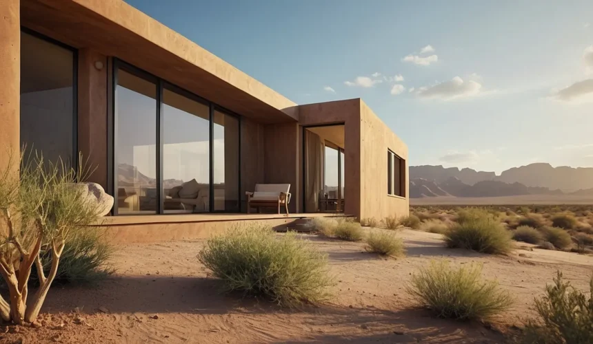 Modern desert house with floor-to-ceiling glass walls, open living space, and surrounding sandy landscape under a blue sky.