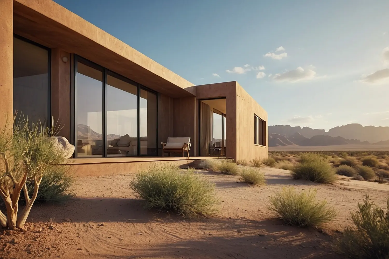 Modern desert house with floor-to-ceiling glass walls, open living space, and surrounding sandy landscape under a blue sky.