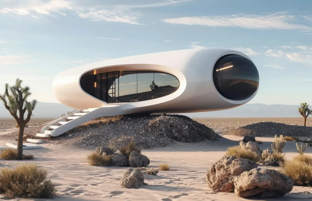 A futuristic white capsule home with oval windows and a curved stairway in a desert setting.