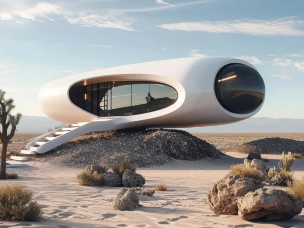 A futuristic white capsule home with oval windows and a curved stairway in a desert setting.
