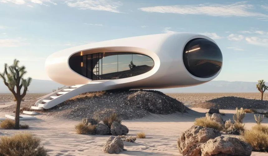 A futuristic white capsule home with oval windows and a curved stairway in a desert setting.