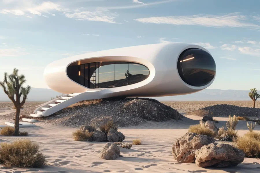 A futuristic white capsule home with oval windows and a curved stairway in a desert setting.