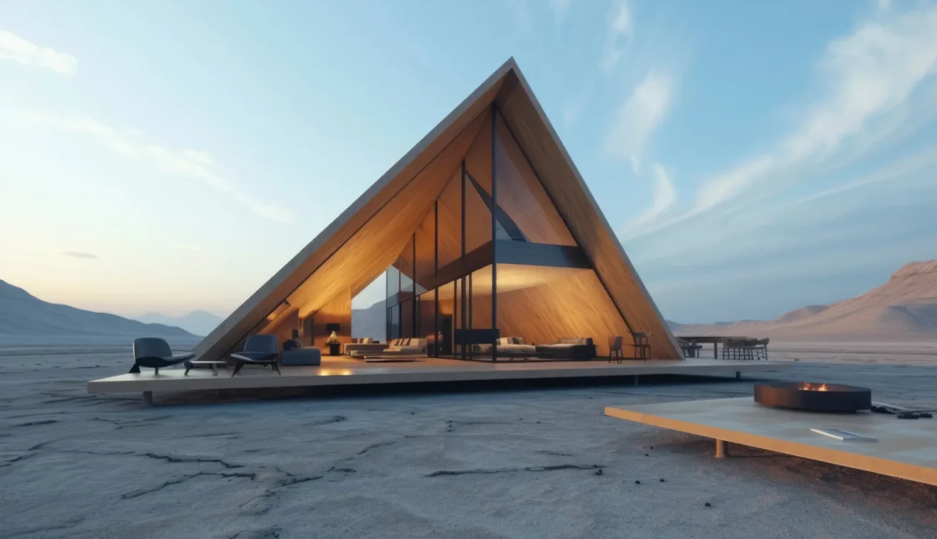 Modern A-frame wooden cabin in a desert, glass walls reveal a warm living space on a raised platform
