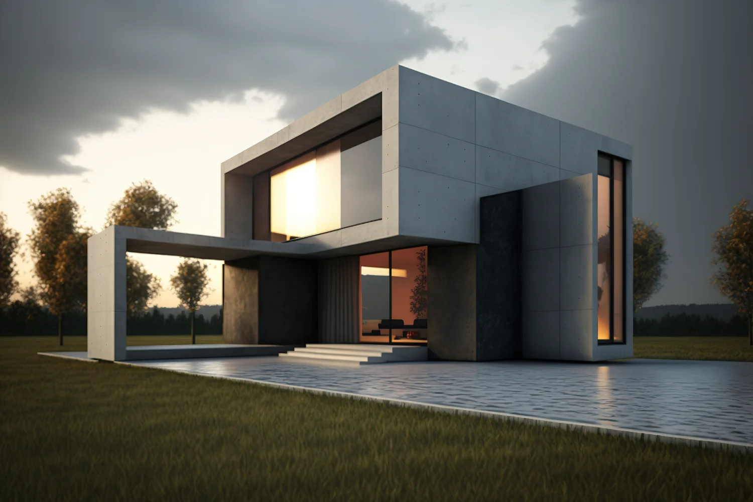 Modern concrete house with large glass windows, sunlit interior, set in a grassy landscape at dusk.